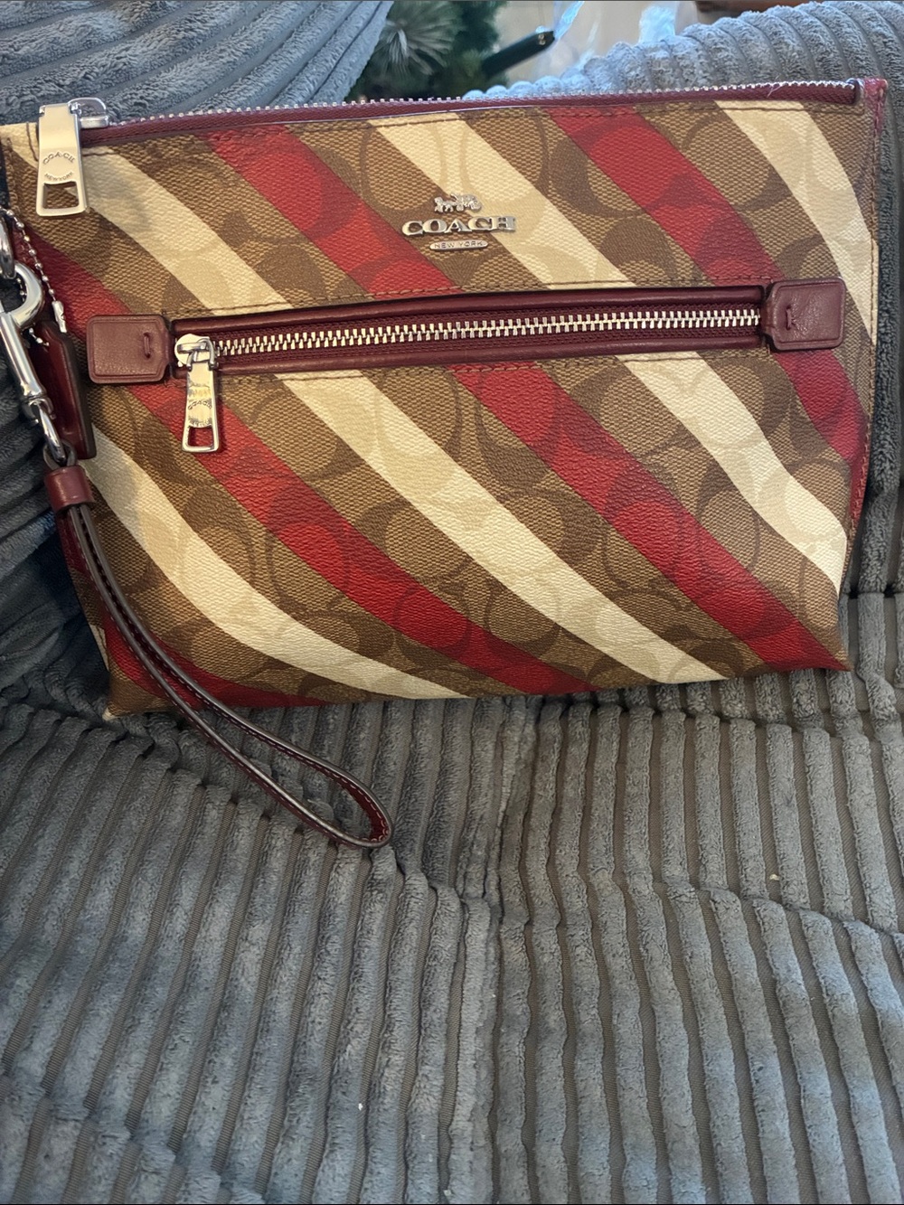 Coach Striped Signature Wristlet - Red, Brown & Cream